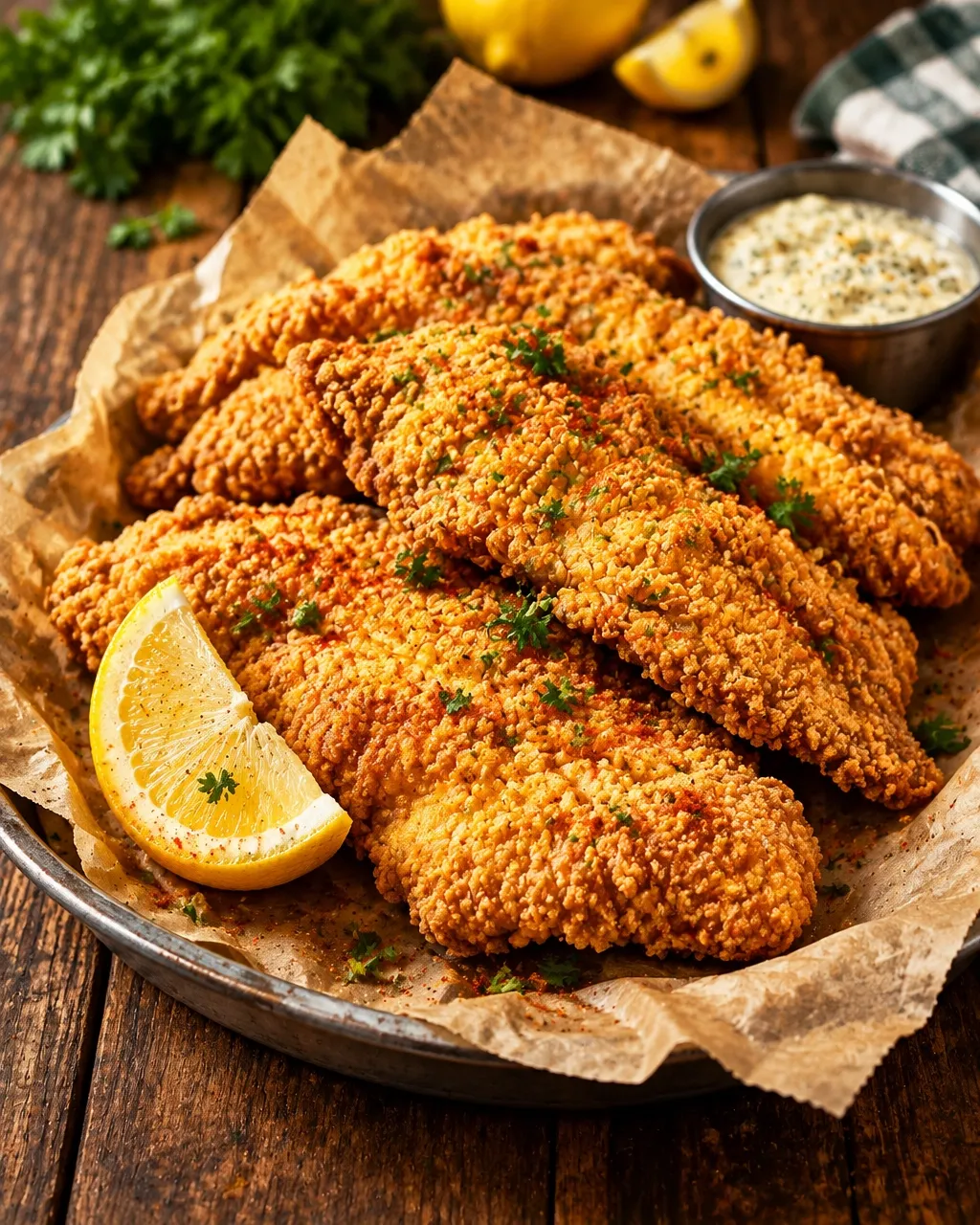 Golden crispy fried catfish with lemon
