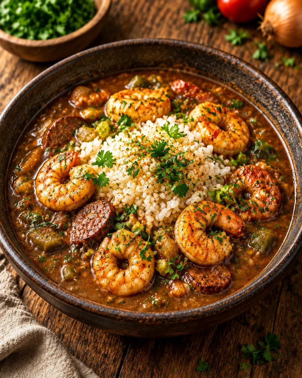 Rich seafood gumbo in a bowl