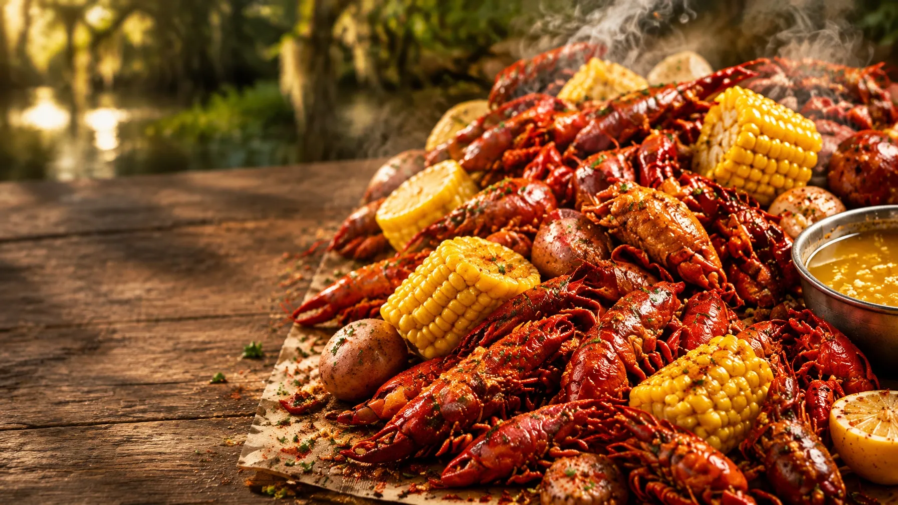 Louisiana crawfish boil with corn and potatoes