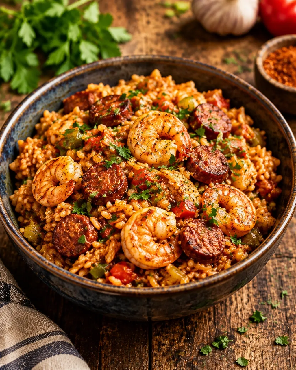 Hearty Cajun jambalaya with shrimp and sausage
